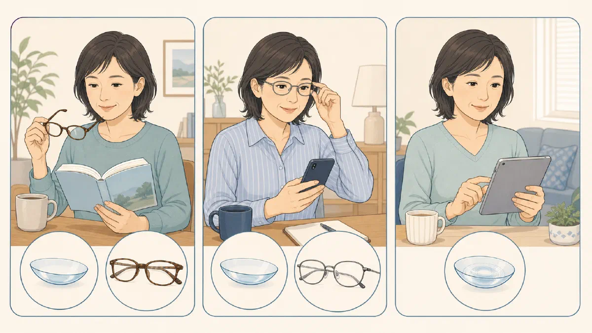 遠く用コンタクトと市販の老眼鏡、度数を合わせた老眼鏡、遠近両用コンタクトという3つの選択肢