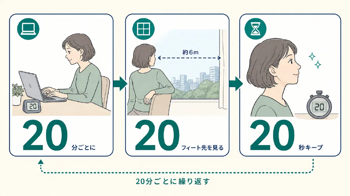 20分ごとに約6メートル（20フィート）先を20秒間見る、20-20-20ルールの3ステップ図