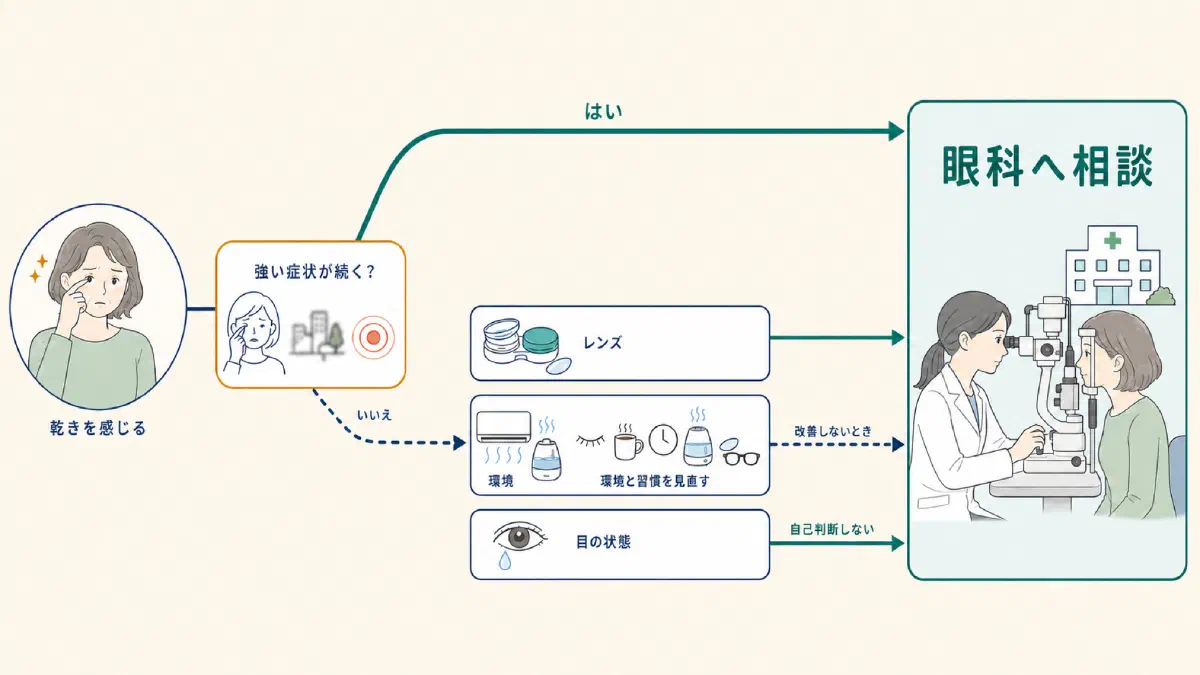 コンタクトの乾きを感じたときに、強い症状の有無を確かめ、レンズ・環境・目の状態に切り分けて眼科へつなぐ判断フロー図