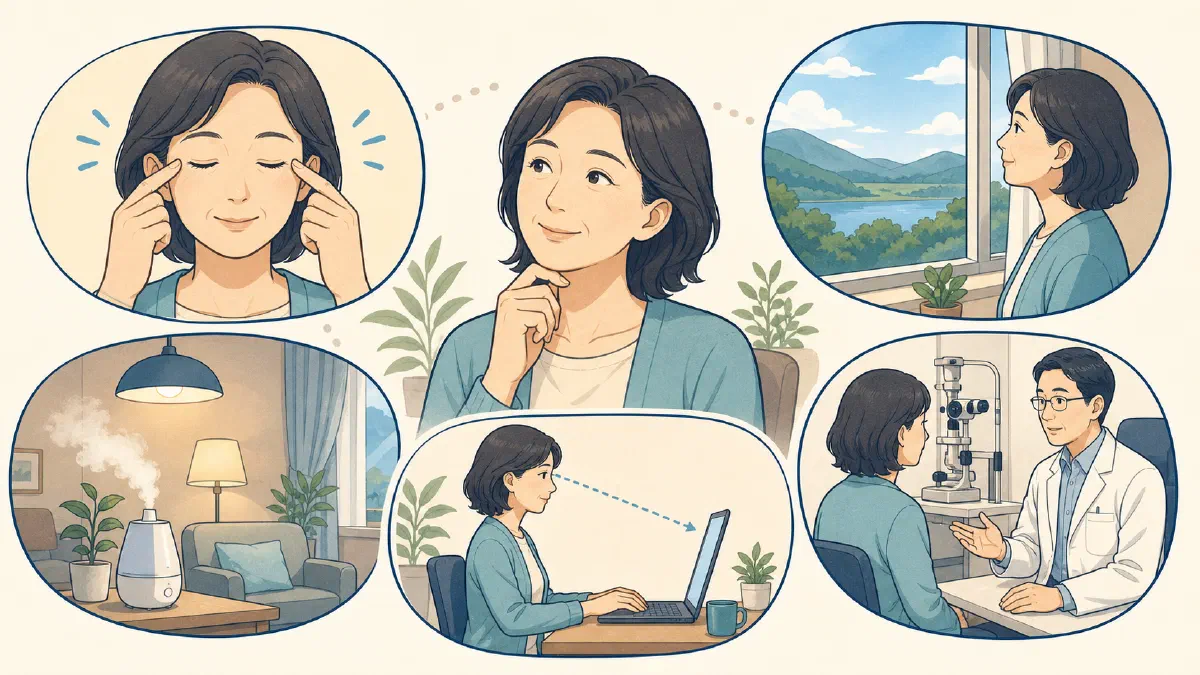 まばたき、遠くを見る休憩、湿度と照明、画面との距離、眼科相談という5つのアイケア習慣