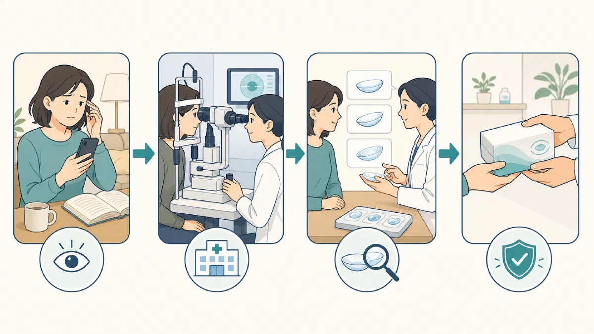 手元の見えにくさへの気づきから、眼科検査、レンズ候補の比較、安全な購入へ進む4段階の流れ