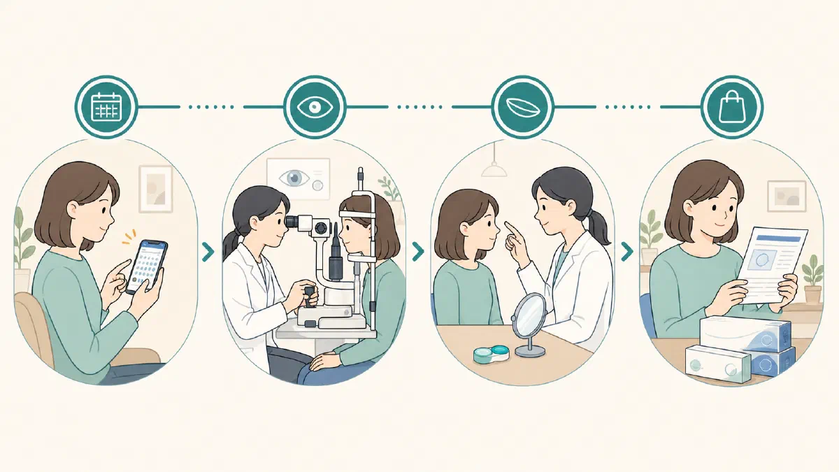 眼科の予約、検査、試用レンズの確認、処方内容に沿った購入へ進む流れ