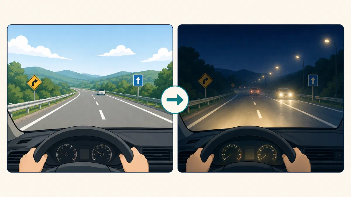 日中の明るい道路と、ライトのにじみやまぶしさを感じやすい夜間道路の運転視界の比較