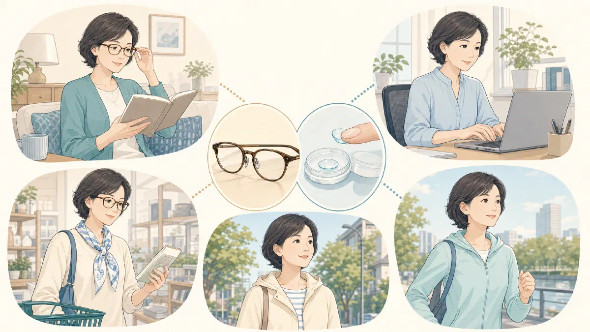 読書、パソコン、買い物、外出、運動の場面で老眼鏡と遠近両用コンタクトを使い分ける図
