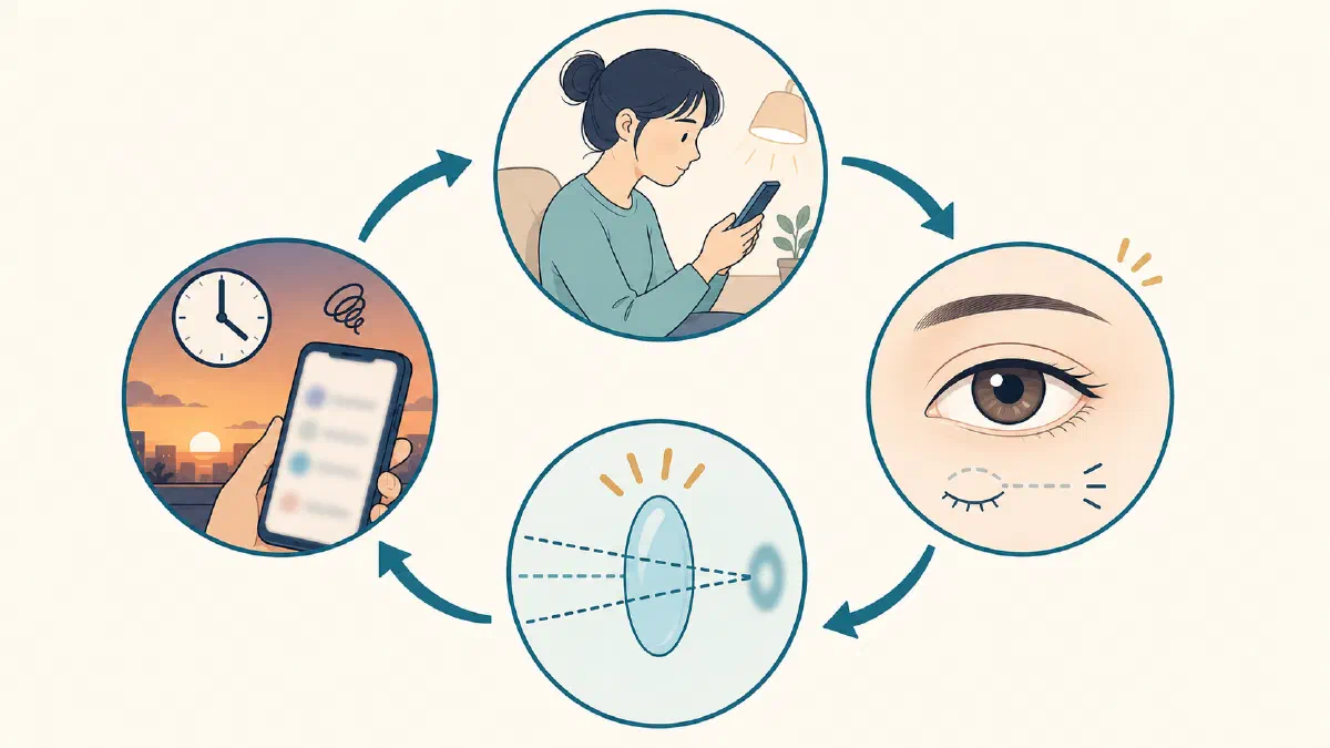 長時間のスマートフォン注視から、まばたき減少、ピント調節の疲れ、夕方の見えにくさへつながる循環図